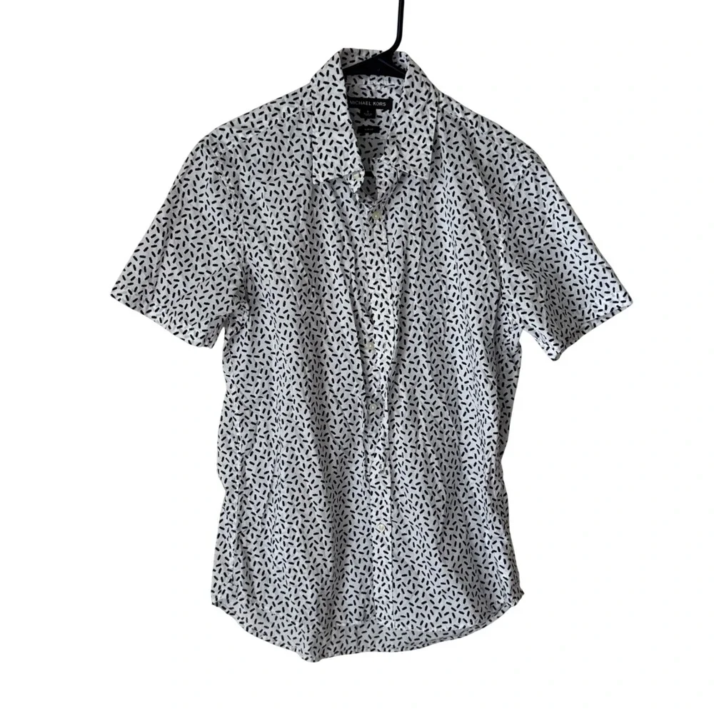 Michael Kors Mens Slim Fit Short Sleeve Button Down Shirt White‎ Black Dashed S